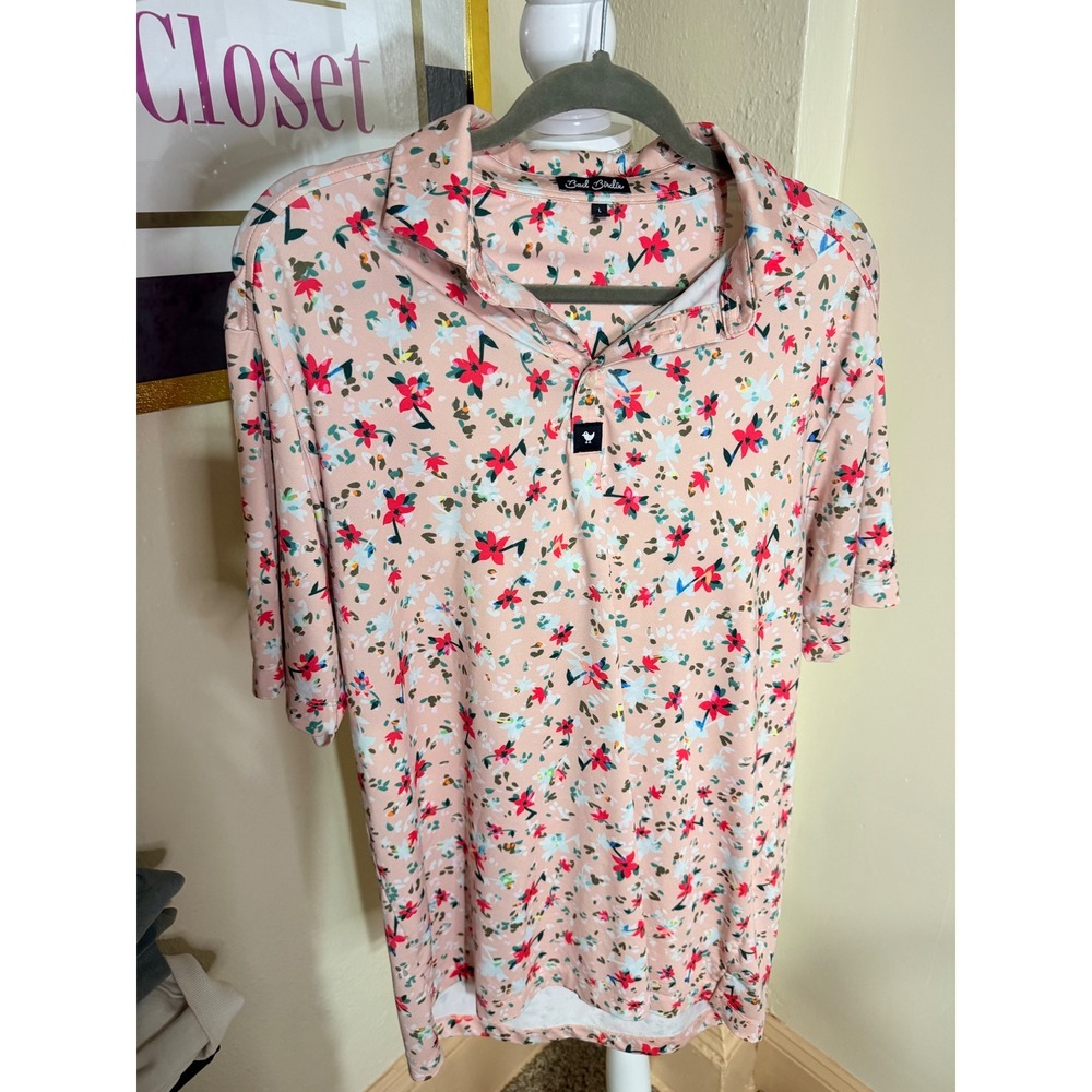 Bad Birdie Mens Pink Floral Performance Golf Polo Shirt Size Large Short Sleeve